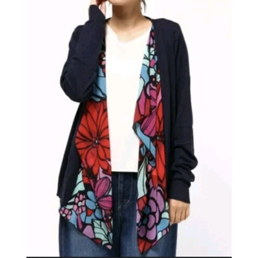 Desigual CARDIGAN‎ Sweater Womens Small Navy Blue Draped Floral Colorful